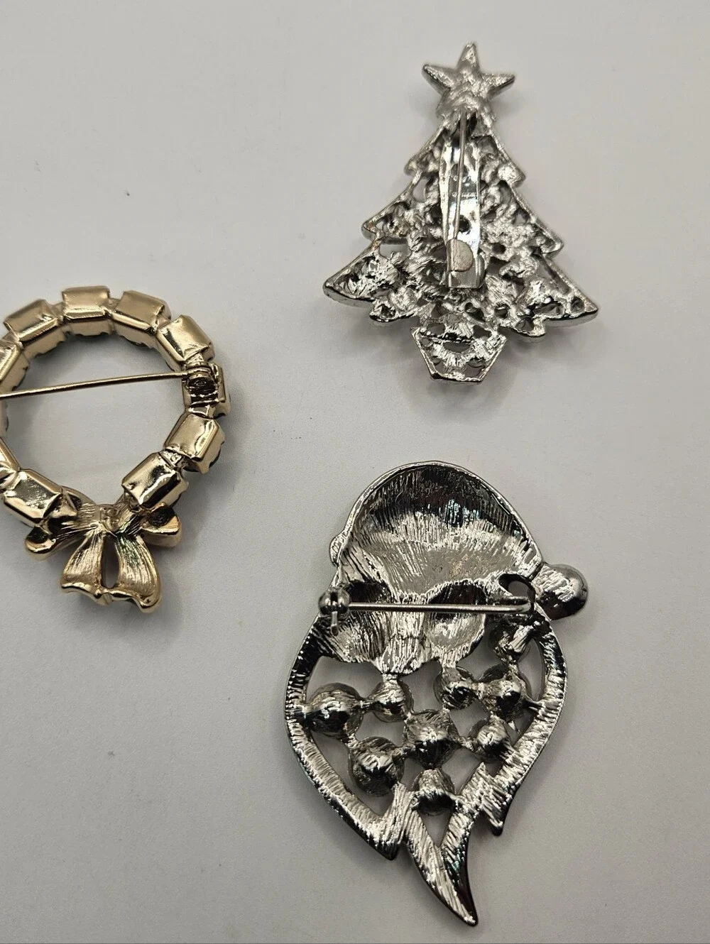 3 Vintage Christmas Brooches Pins Rhinestone Bling Lot